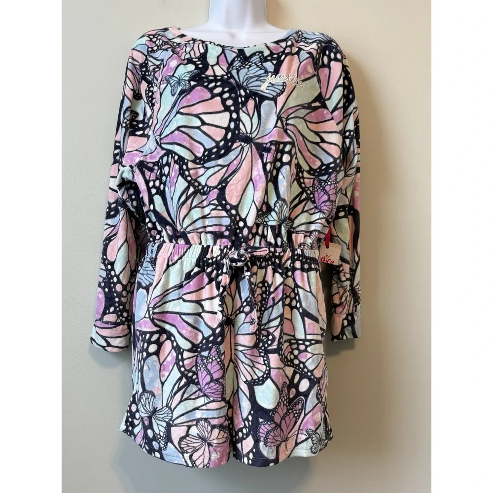 Justice Girls XL Romper Butterfly Print Long Sleeve Slate Multi Flame Resistant